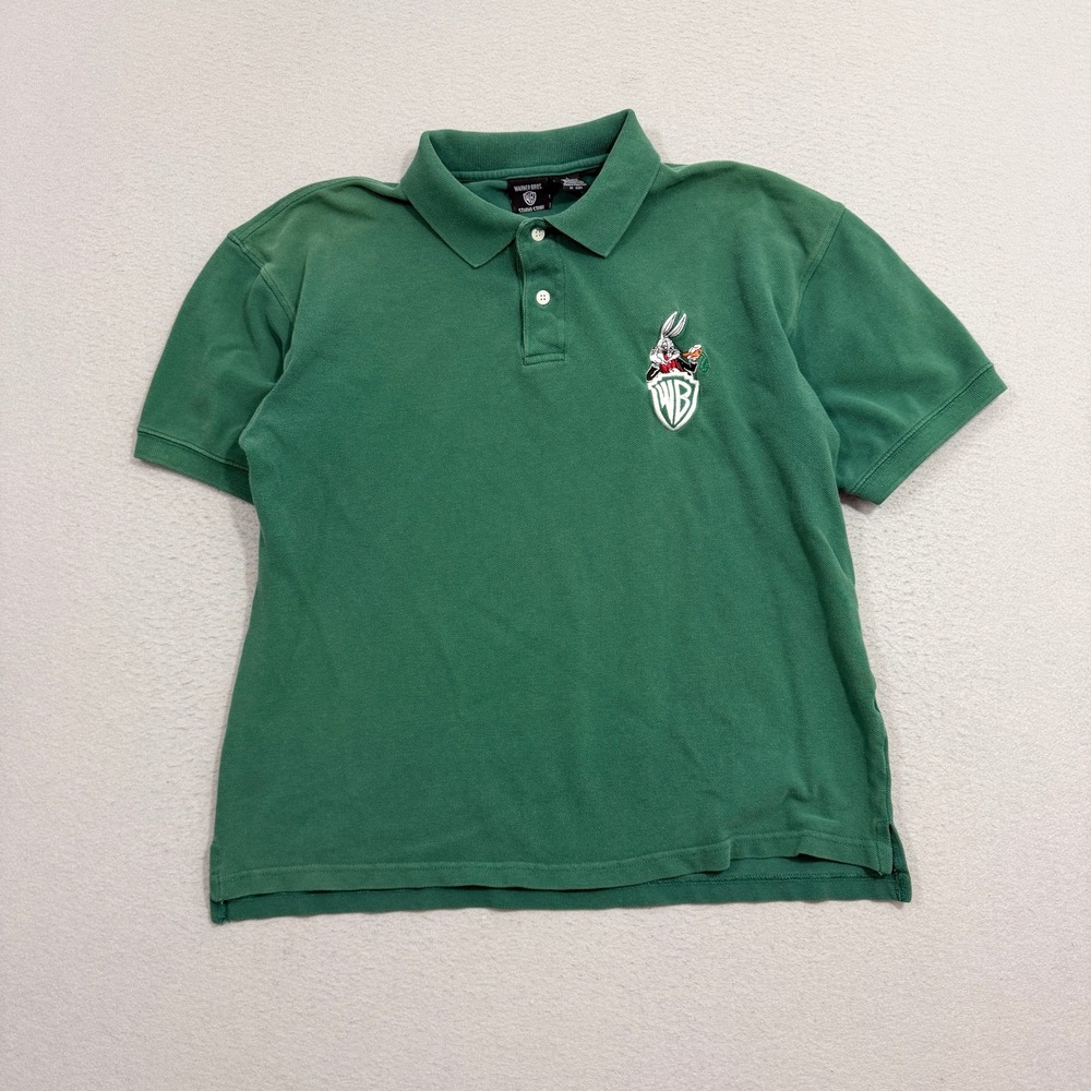 Vintage Warner Bros Polo Large Green Bugs Bunny WB Shield Embroidered 1996 90s